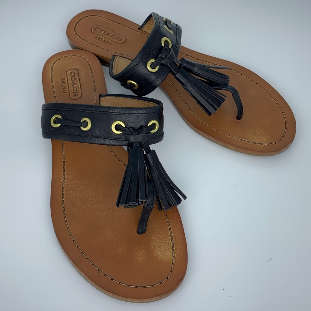 COACH Sheena black leather tassel sandals